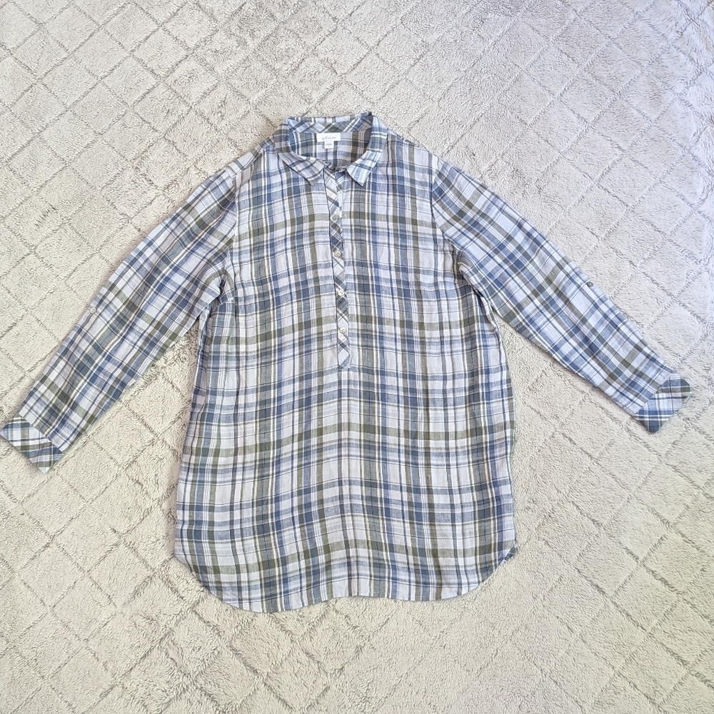 J. Jill Love Linen Plaid Tunic Blouse Women’s Medium Blue Green Long Sleeve.